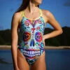 Meadore - Sugar Skull Double Cross Over Back Ladies One Piece -UK Swimsuit Sales 2024 meadore ladies swimwear sugar skull one piece double cross over back 3