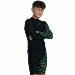 Speedo - Boys Long Sleeve Printed Rash Top - Black/Green