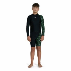 Speedo - Boys Long Sleeve Printed Rash Top - Black/Green -UK Swimsuit Sales 2024 speedo boys long sleeve printed rash top black green 4