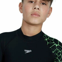 Speedo - Boys Long Sleeve Printed Rash Top - Black/Green -UK Swimsuit Sales 2024 speedo boys long sleeve printed rash top black green 5