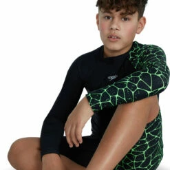 Speedo - Boys Long Sleeve Printed Rash Top - Black/Green -UK Swimsuit Sales 2024 speedo boys long sleeve printed rash top black green 6