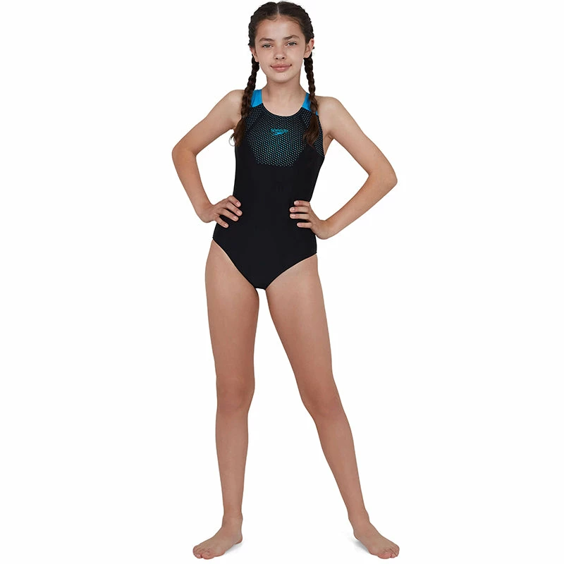 Speedo - Girl's Hexagonal Tech Muscleback Swimsuit - Black/Blue 8 Speedo - Girl's Hexagonal Tech Muscleback Swimsuit - Black/Blue - Image 6