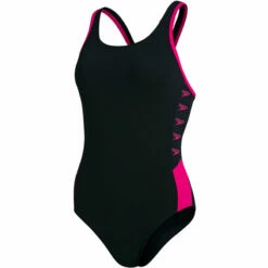 Speedo - Womens Boom Logo Splice Muscleback Swimsuit - Black/Pink -UK Swimsuit Sales 2024 speedo womens boom logo splice muscleback swimsuit black pink 2