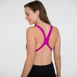 Speedo - Womens Placement Powerback Swimsuit - Black/Purple/Mango -UK Swimsuit Sales 2024 speedo womens placement powerback swimsuit black purple mango 4